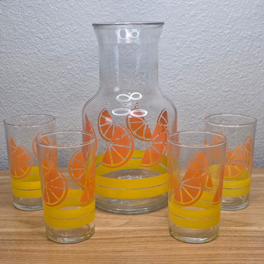 Vintage Libbey Canada Orange Juice Decanter Carafe Orange Slice With 4 Glasses‎